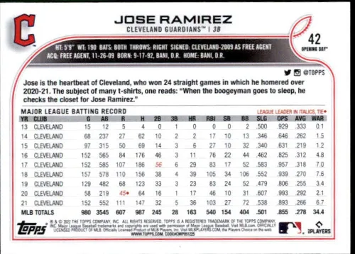 Vista 2 de Topps Opening Day #42 - Tarjeta de intercambio de béisbol de la MLB de los Guardianes de Cleveland 2022