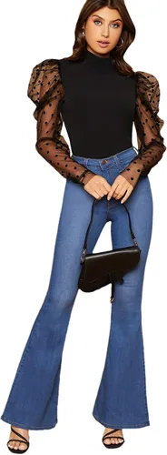 Vista 5 de Floerns Blusa de manga abombada con cuello de lunares para mujer