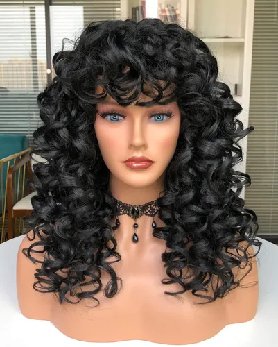 Vista 2 de Pelucas afro rizadas para mujeres negras, peluca larga y rizada con flequillo, fibra sintética esponjosa, sin pegamento, para cosplay y uso diario