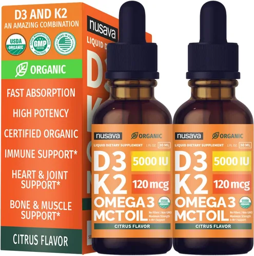 Vista 13 de Paquete de 2 gotas orgánicas de vitamina D3 K2 con aceite MCT y Omega 3 - Vitamina líquida D3 5000 UI - Suplemento de vitamina K2 D3 - Gotas