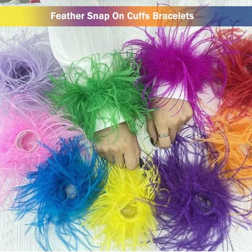 Vista 2 de LELEBEAR Pulseras de plumas a presión, pulsera de plumas a presión, muñeca de plumas, puños de plumas para mujer