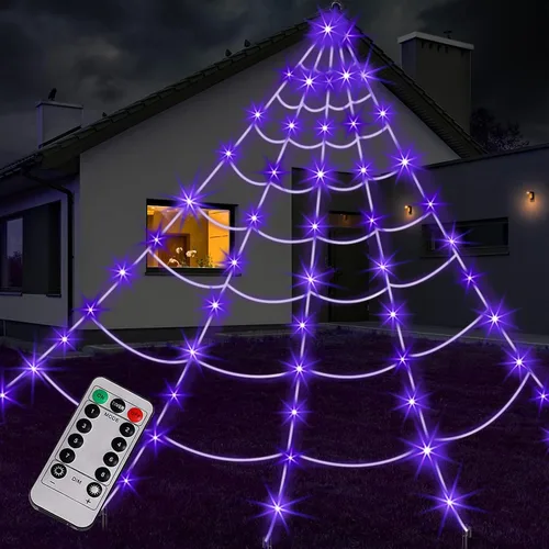 Vista 8 de Decoración de Halloween de telaraña para exteriores, 125 luces LED moradas de 16.4 pies, araña grande de 60 pulgadas, 22 arañas pequeñas y telaraña