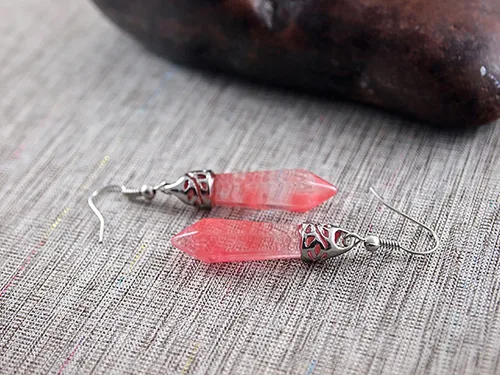 Vista 8 de Aretes de cuarzo rosa, piedra rosa natural, plata, gota y colgante, cristal real colgante, joyería hecha a mano, hipoalergénica, piedra de amor