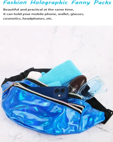Vista 5 de Riñonera holográfica de los años 80 lentes de sol rectangulares retro para mujer muñequeras de punto neón para yoga correr senderismo viajes Azul