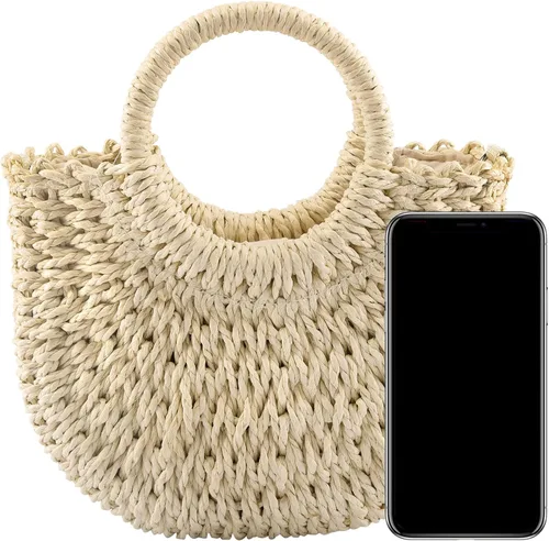 Vista 6 de CHIC DIARY Bolso pequeño de paja de playa de verano para mujer, bolso cruzado con asa superior, bolso de hombro mini bolso de mano de ratán tejido a