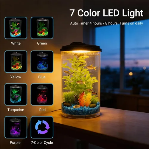 Vista 4 de Koller Products Acuario 360 de 3 galones con iluminación LED (7 opciones de color) y filtro de potencia, ideal para una variedad de peces
