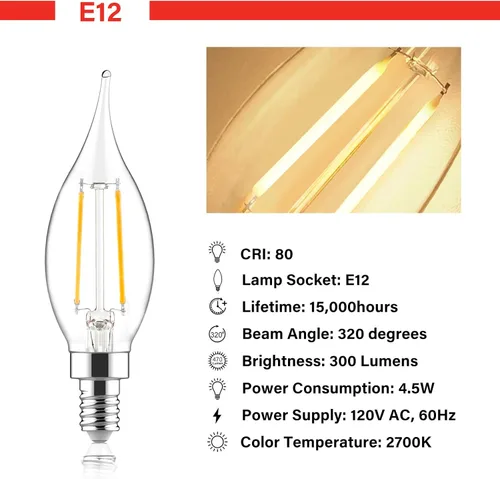 Vista 2 de Bombillas LED E12 para candelabros equivalentes a 60 W, bombillas de vela con punta de llama CA10 regulables, luz blanca suave de 2700 K, bombilla