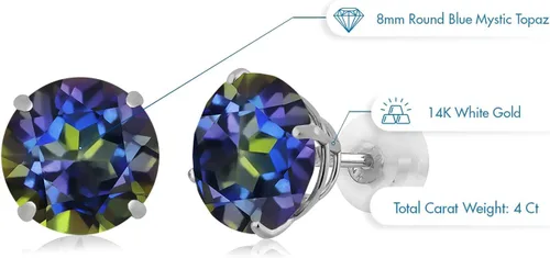 Vista 4 de Gem Stone King Aretes de oro blanco sólido de 14 quilates con piedra natal redonda de 0.315 in Aretes de oro con respaldo cómodo para mujer