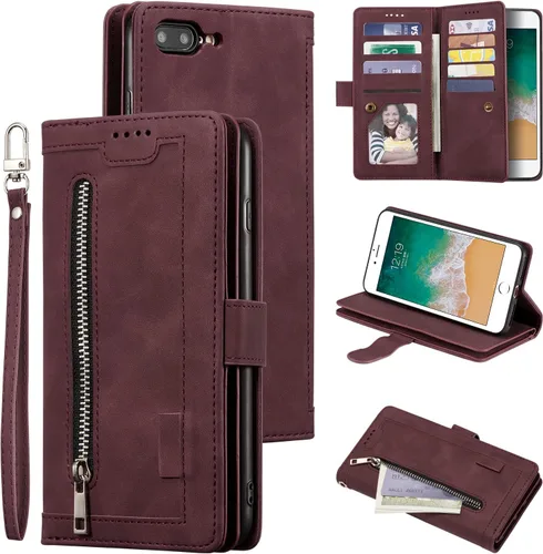 Vista 25 de UEEBAI Funda tipo cartera para iPhone SE 2022 5G/iPhone 7/iPhone 8/iPhone SE 2020, retro con 9 ranuras para tarjetas, bolsillo con cremallera, funda