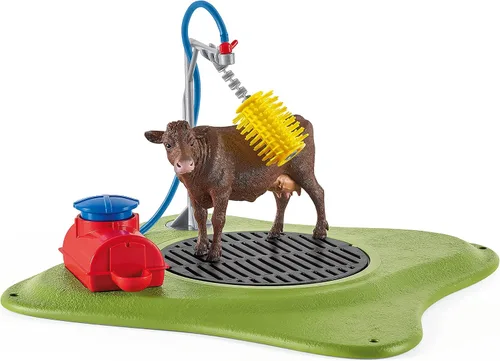 Vista 6 de Schleich Farm World, juguetes de animales de granja para niños, Happy Cow Wash con juguetes de vaca y área de lavado de trabajo, juego de 16 piezas