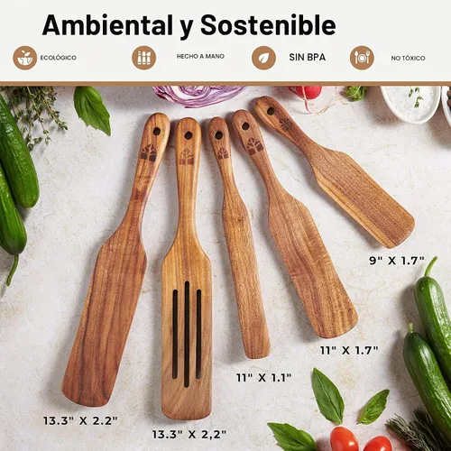 Vista 6 de Juego de 5 espátulas de madera de teca, herramientas de cocina para cocinar