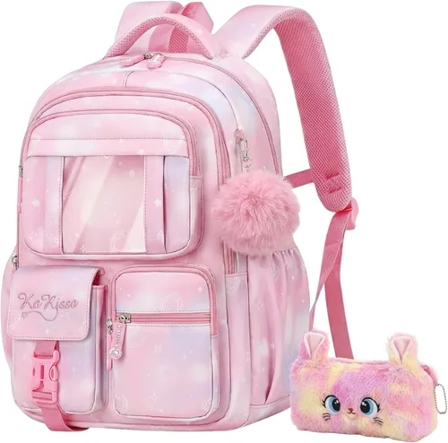 Vista 10 de Mochila para niñas, mochila para niñas, mochila escolar morada Mochila-01