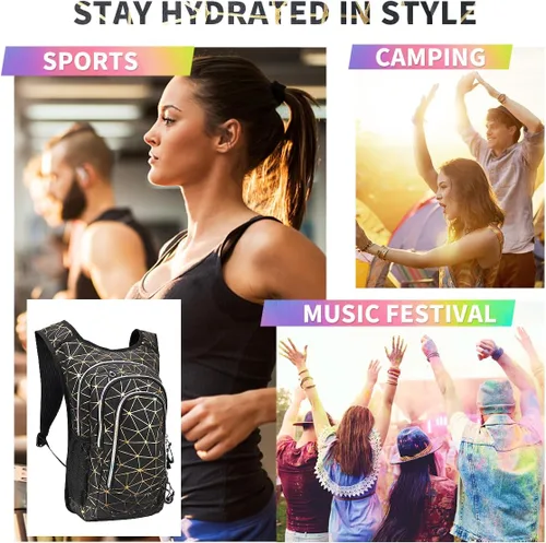 Vista 7 de Mochila de hidratación rave, paquete de hidratación para festivales con vejiga de agua de 2 L, mochila de agua ligera, bolsa de hidratación
