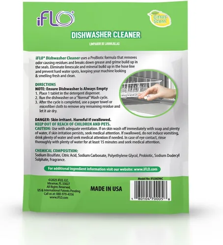 Vista 2 de Pastillas limpiadoras de lavavajillas iFLO con iFLObiotic – Pastillas de limpieza profunda y desodorizante para eliminar el olor del lavavajillas