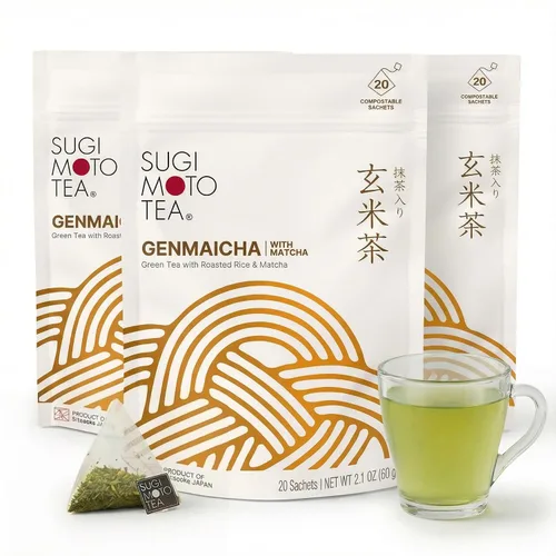 Vista 11 de SUGIMOTO TEA Genmaicha japonesa con verde matcha 20 bolsitas de té 100% fabricado en Japón, Shizuoka, Sencha con arroz tostado y matcha, 20 bolsas