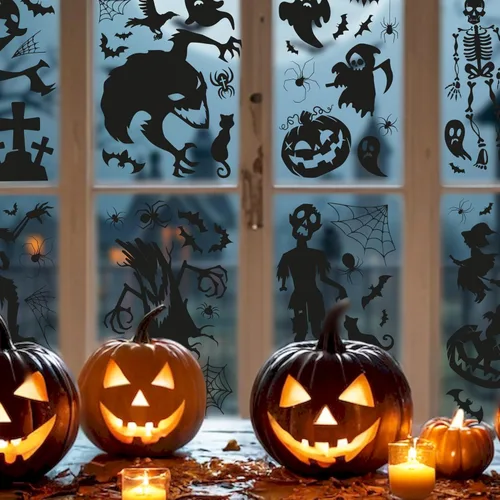 Vista 2 de WALPLUS Decoración de Halloween para ventana, de doble cara, reutilizable, desprendible y pega, extraíble para cristal, sala de estar, guardería