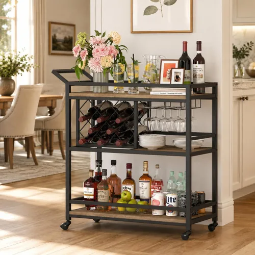 Vista 6 de FATORRI Carrito de bar para el hogar, carritos de vino rodantes sobre ruedas con estantes de madera de 3 niveles, carrito de bebidas de licor