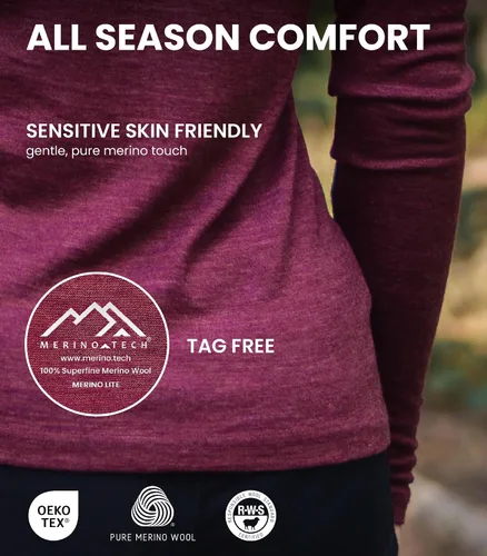 Vista 4 de 100% Merino Wool Base Layer Women - Thermal Merino Wool Shirt Women 190 morado oscuro