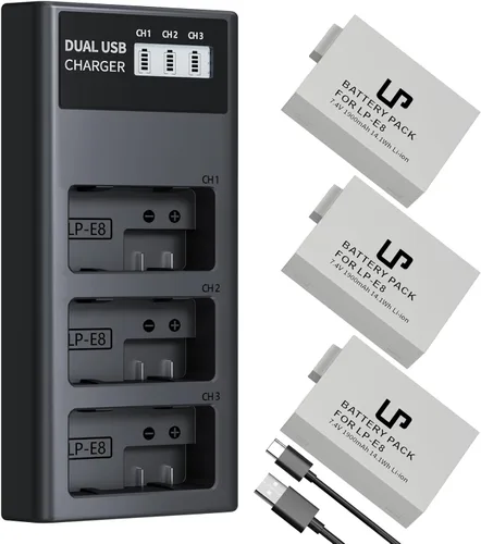 Vista 9 de LP Batería de repuesto E8, paquete de 2 baterías E8 de 1900 mAh para cámara digital Canon EOS Rebel T2i, T3i, T4i, T5i, EOS 550D, EOS 600D, EOS