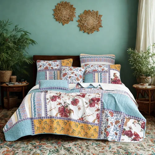 Vista 10 de Tache Home Colcha de cachemir floral bohemio rústico de algodón colcha de retazos