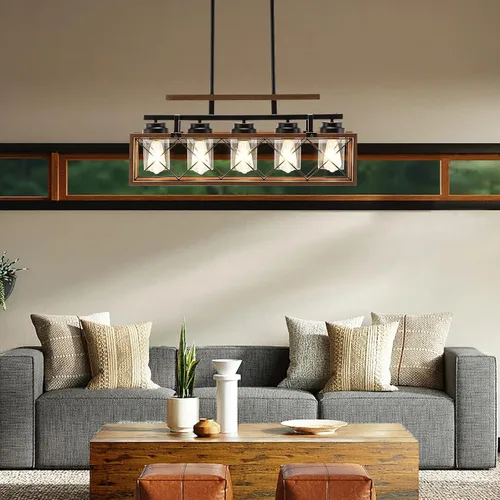Vista 4 de MELLCOM Iluminación de madera para isla de cocina, lámpara de comedor de granja de 5 luces con pantallas de vidrio y varillas ajustables, candelabro