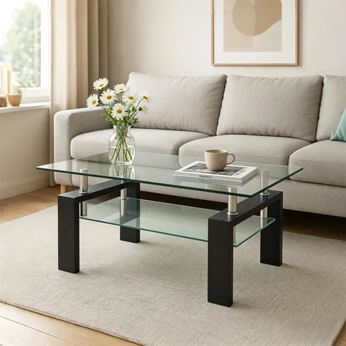 Vista 11 de Mesa de centro de vidrio rectangular Meihua de 2 niveles, mesa de té moderna, mesa auxiliar de café para sala de estar (todo negro)