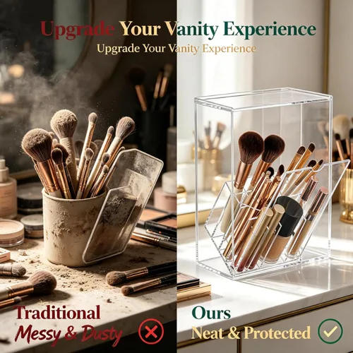 Vista 6 de VORA Soporte para brochas de maquillaje, organizador transparente para brochas de maquillaje con 17 ranuras, inclinable y abierto, agujero grande