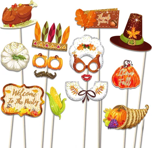 Vista 2 de 30 piezas de accesorios para cabina de fotos para fiesta de otoño feliz día de Acción de Gracias, cosecha, festival, calabaza, decoración de fiesta