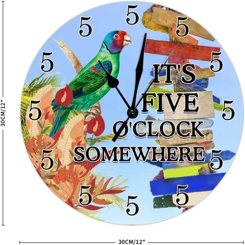 Vista 2 de Reloj de pared de madera con texto en inglés "It's Five O'clock Somewhere" - Reloj de pared de madera con loro costero tropical, cóctel, reloj