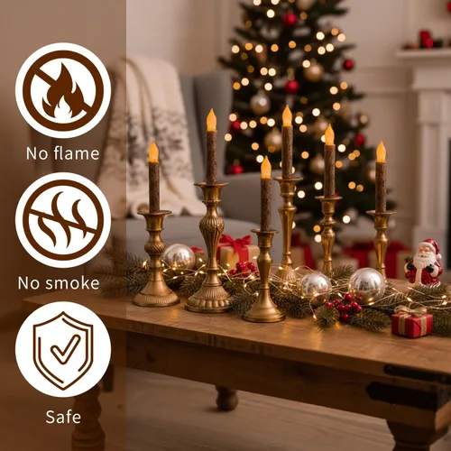 Vista 7 de 6PCS Primitive Taper Candle with Timer Remote Control,Real Wax Hand Dipped Rustic Flameless Candles Battery Operated for Halloween Christmas Country