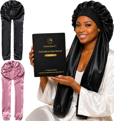 Vista 11 de Isshin Beauty Gorro de satén para mujeres durmientes: doble manga 2 en 1, protector de pelo largo antiencrespamiento Negro y café