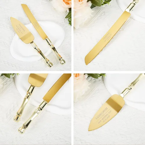 Vista 5 de Juego de cuchillo personalizado para tartas y servidor, cuchillo y servidor para tartas doradas, cubiertos de boda personalizados para una ceremonia