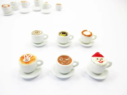 Vista 2 de Casa de muñecas Miniaturas Bebida Bebida Set 6 Taza de Cerámica de Café Mixto Suministro 14174 Mixed coffee cups saucers sets, ceramic mini 6 tea