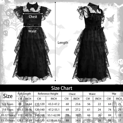 Vista 3 de Vlinsha Wednesday Addams Costumes Dress for Girls Kids, Wednesday Costume Birthday Halloween Cosplay Party Dress With Belt