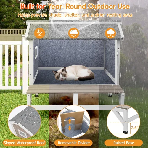Vista 4 de PetsCosset Casa para gatos al aire libre, refugio de madera para gatos con interior de tela rascadora incorporada, diseño de 2 pisos resistente a