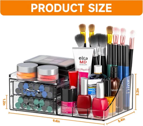 Vista 3 de Organizador de maquillaje pequeño de acrílico con cajones, organizador de cuidado de la piel transparente para tocador, cómoda, encimera de baño