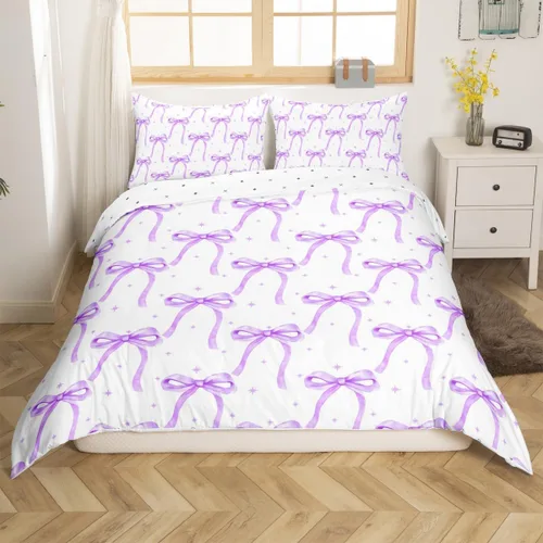 Vista 16 de Juego de funda de edredón con lazo de dibujos animados para niñas, tamaño individual, juegos de ropa de cama de princesa con lazo para niños, 2 Azul