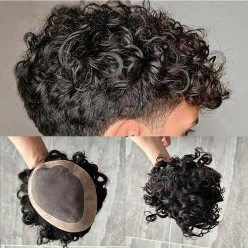 Vista 10 de SIMBEAUTY Cabello humano Remy indio 360 ondulado, 0.394 pulgadas, base de piel de tupé rizado, 10 x 8 pulgadas, para hombres negros con sistema