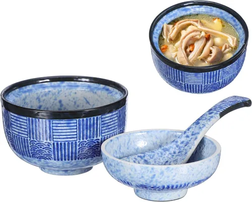 Vista 2 de Kichvoe Juego de cuencos de sopa de cerámica japonesa con tapa y cuchara, cuenco de miso/ramen de 4 pulgadas/8.45 onzas para fideos, arroz, cenas
