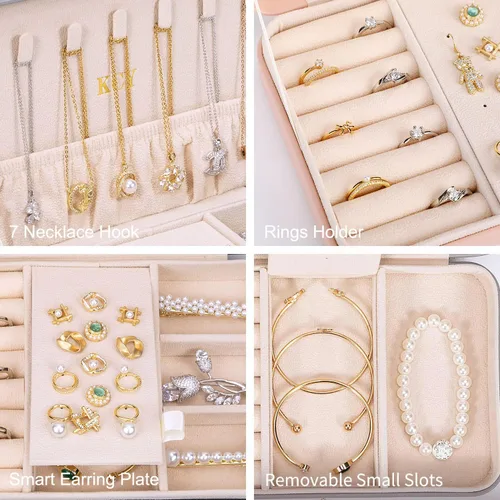 Vista 3 de KCY Joyero para mujeres y niñas pequeño estuche organizador de joyas de viaje cajas de almacenamiento de joyas portátiles de piel sintética soporte