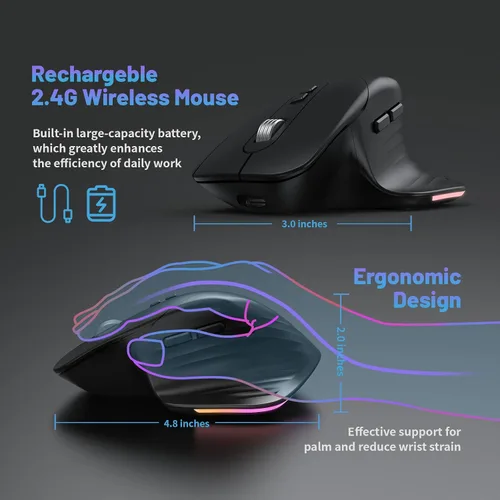 Vista 3 de CIDOO Mouse inalámbrico ergonómico RGB retroiluminado mouse Jiggler con modo de zoom movimiento automático indetectable mouse de lupa USB