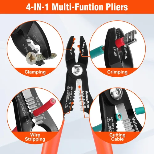 Vista 2 de ValueMax Herramienta pelacables 4 en 1, pelacables, crimpadora de cables, herramienta de crimpado de cables, alicates multifuncionales