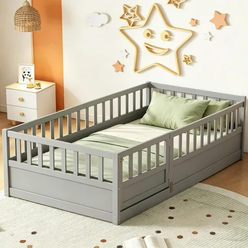 Vista 10 de Cama Montessori de tamaño matrimonial con estantería, luces, listones y Luces grises
