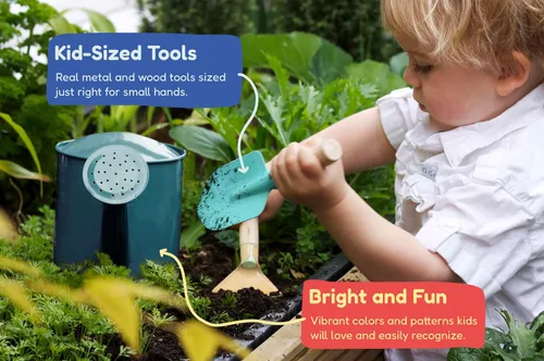 Vista 5 de Kinderific Juego de herramientas de jardinería, para niños, STEM, incluye bolsa de mano, pala, regadera, rastrillo, tenedor, paleta y guantes