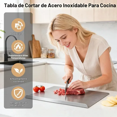 Vista 5 de Tabla de cortar para cocina, tabla de cortar de acero inoxidable con labio, tabla de cortar de metal para carne, verduras, frutas y masa de pan