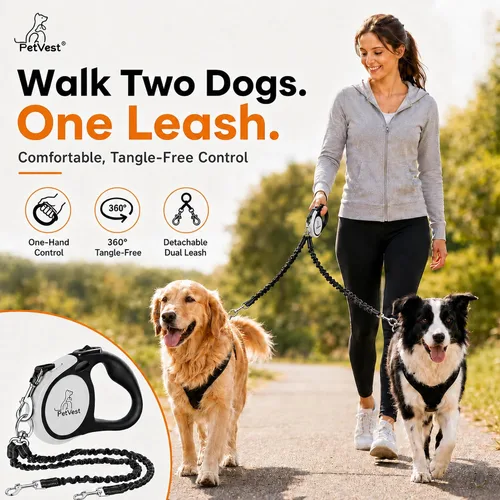 Vista 5 de Correa retráctil doble para perros, de 10 pies sin enredos para 2 perros, desmontable para uso individual, freno y bloqueo con un botón, hasta 20 kg