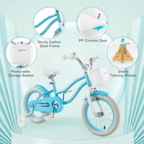 Vista 4 de BABY JOY Bicicleta infantil, 12 14 16 18 20 pulgadas, para niños y niñas, con asiento ajustable, cesta removible, freno de mano y freno