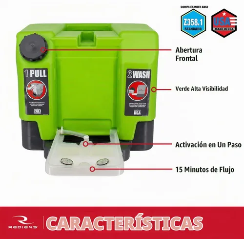 Vista 3 de Radians Estación de lavado de ojos de emergencia de 12 galones con flujo de 15 minutos, verde