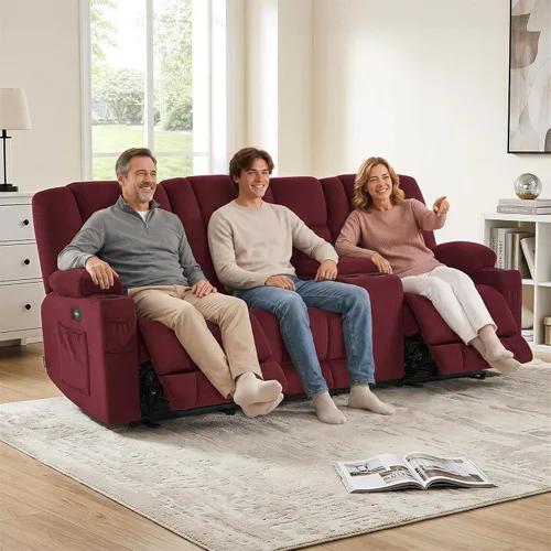 Vista 2 de MCombo Sofá reclinable eléctrico de gravedad cero con consola, masaje con calor y vibración, sofá reclinable de 3 plazas con puertos USB, portavasos