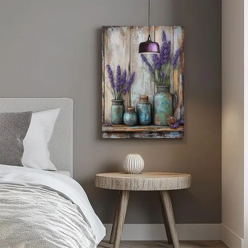 Vista 6 de gaosoul Arte de Pared de Lienzo de Granja Pintura de Campo Francés con Ramo de Lavanda Mariposas Fondo de Madera Envejecida Póster Floral Enmarcado
